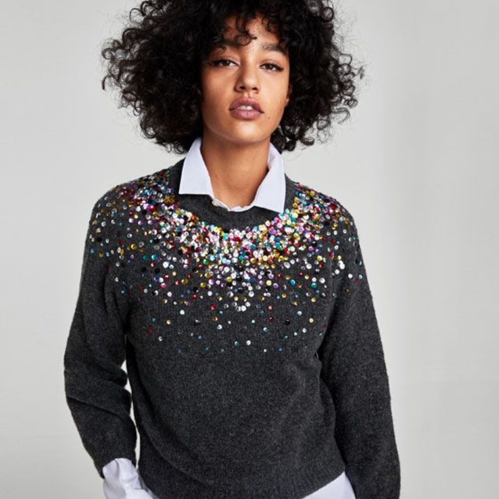 ZARA cropped wool sweater with colored sequins